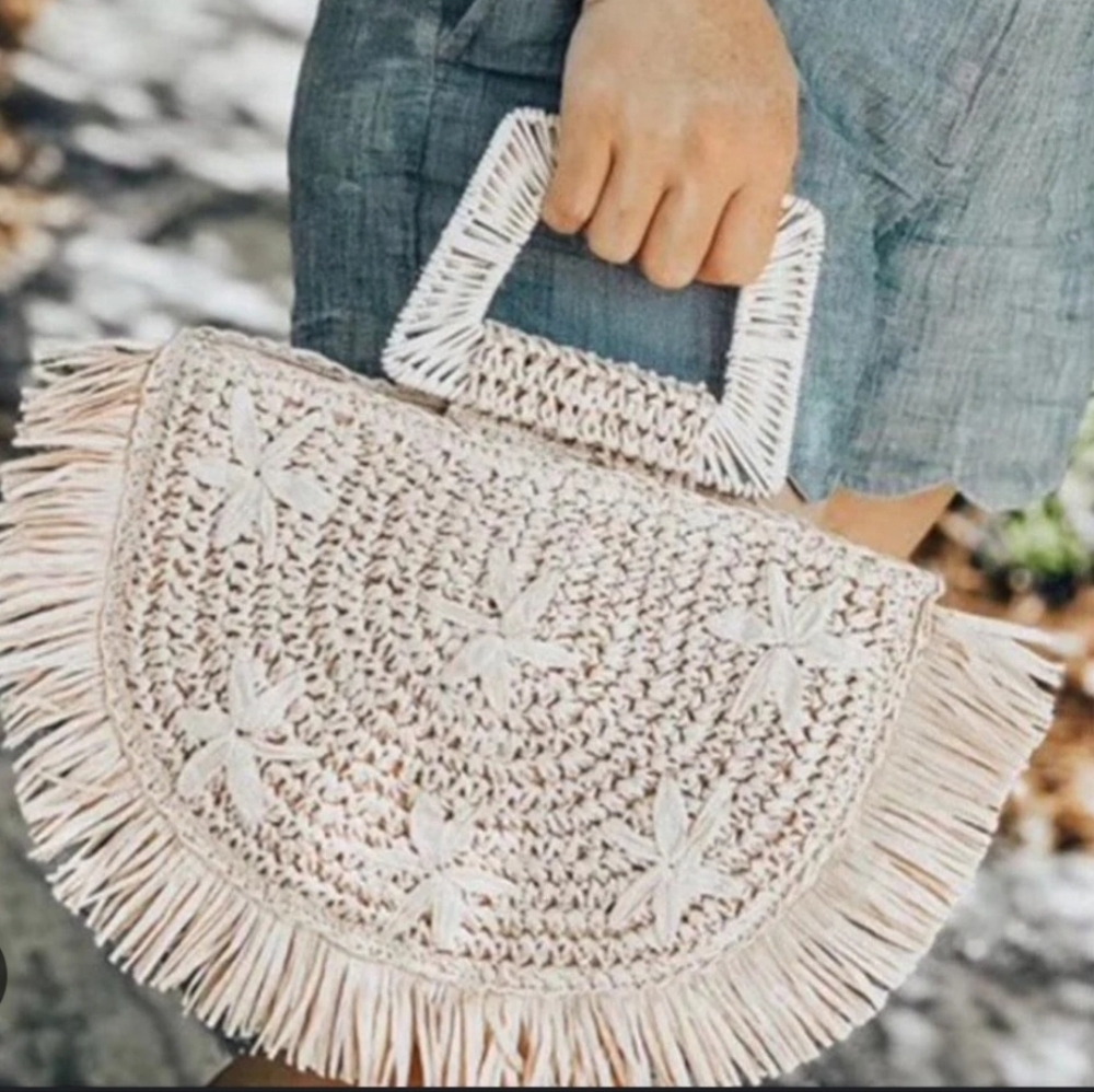 a new day Beige Woven Fringe Half-Moon Straw Clutch